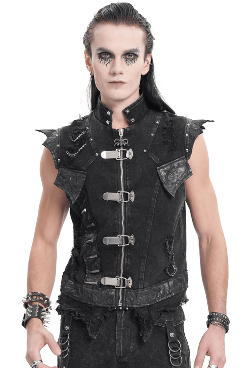 Men's Gothic Punk Vest with Chains and Buckle Details