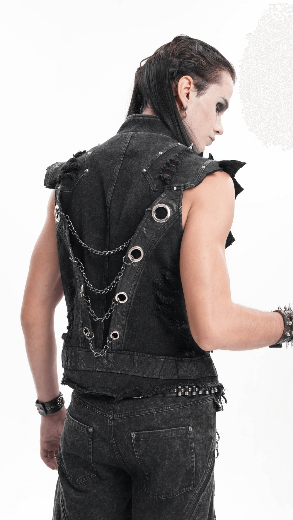 Men's gothic punk vest with chains and buckle details, showcasing a sleek denim design and edgy frayed accents.