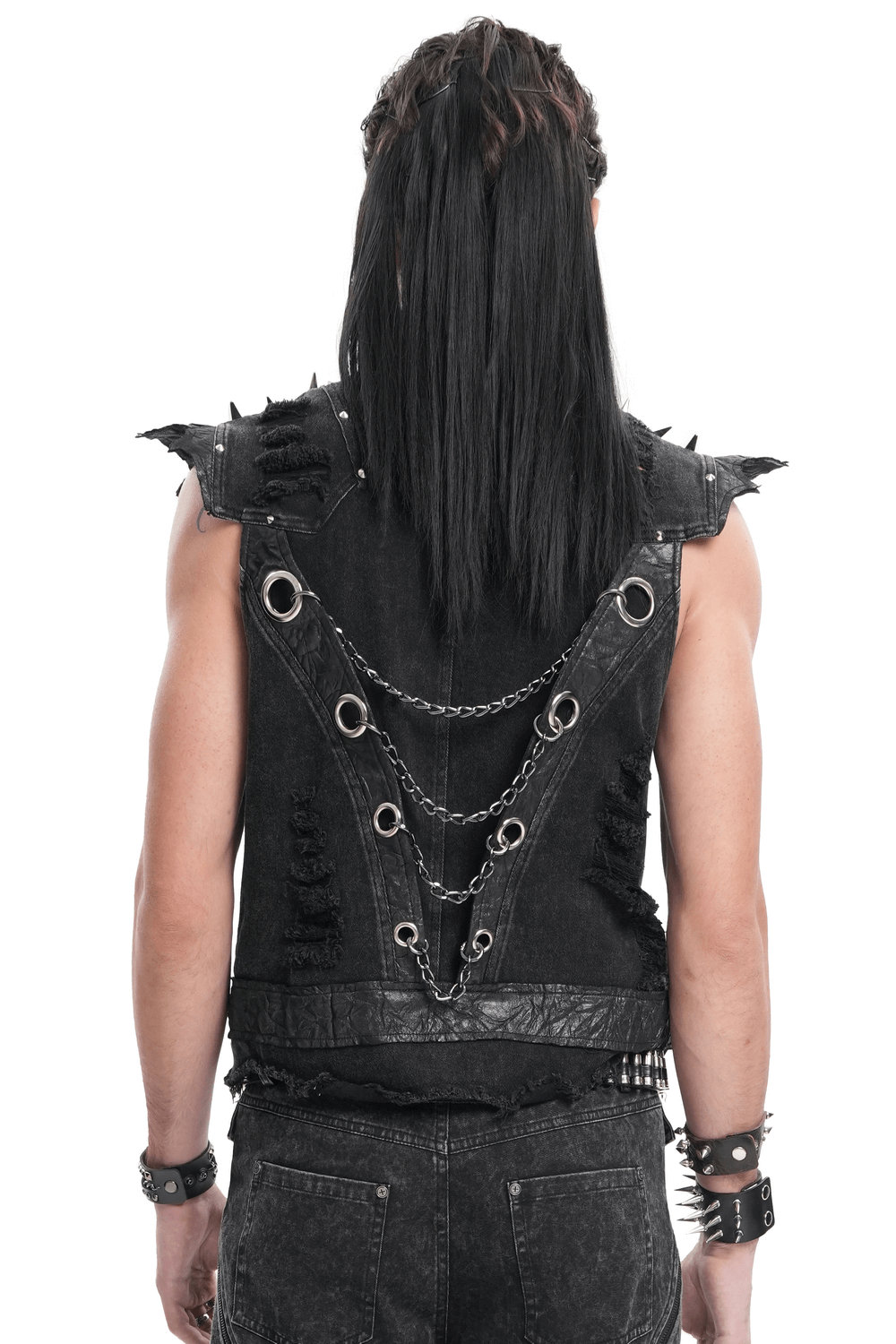 Back view of men's gothic punk denim vest with chains and buckles, showcasing edgy frayed details and metal embellishments.