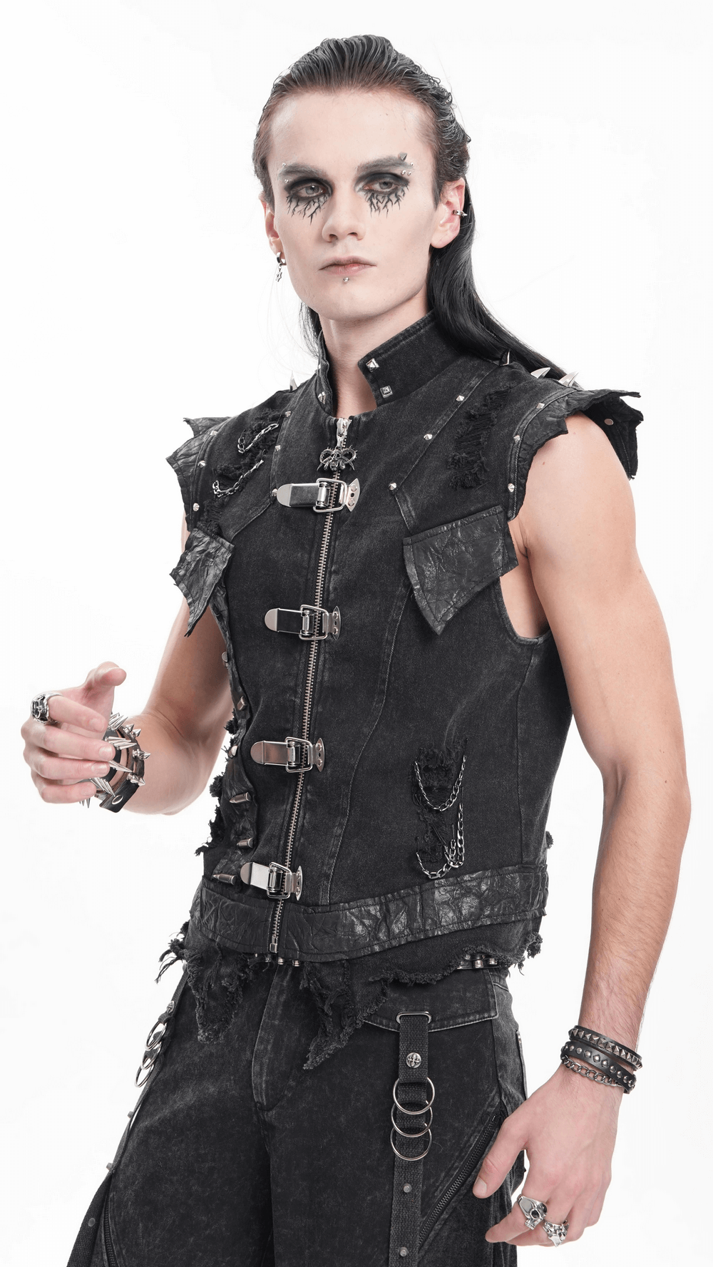 Men's gothic punk vest with chains and buckles, showcasing edginess and rebellious style. Perfect for concerts and bold looks.