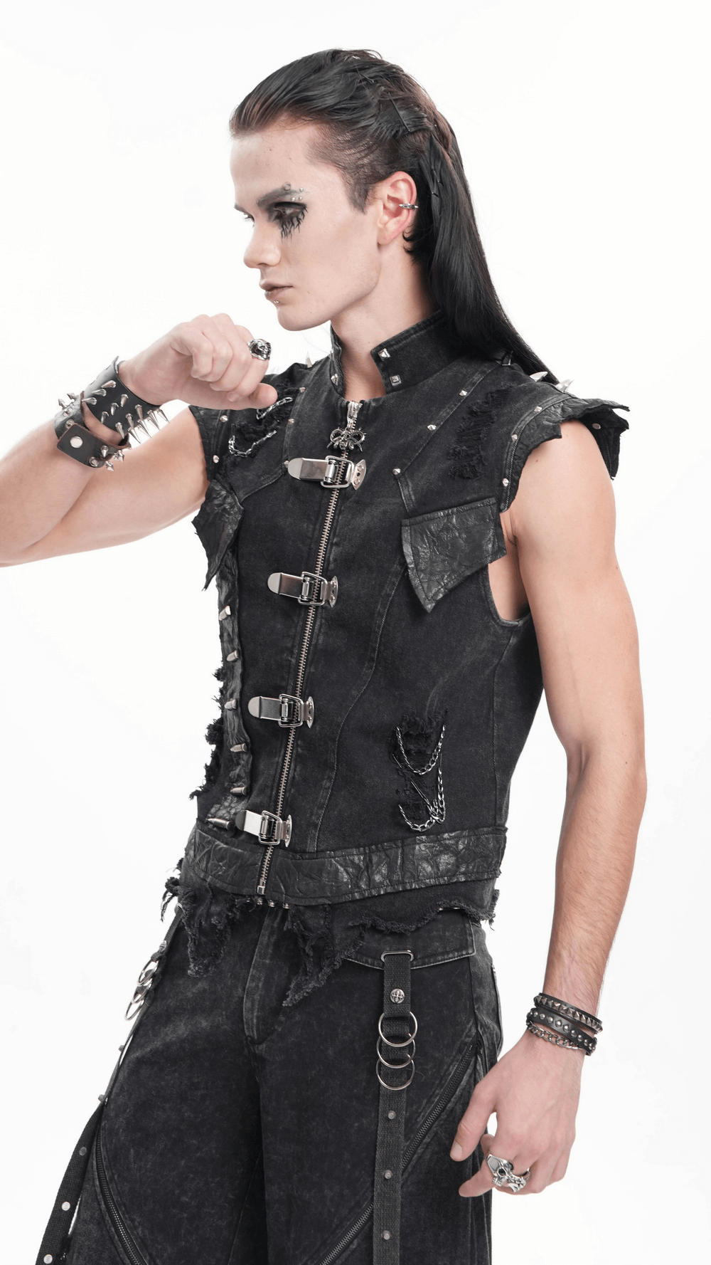 Men's gothic punk vest with chains and buckles, showcasing edgy style and distressed denim details. Perfect for bold fashion lovers.