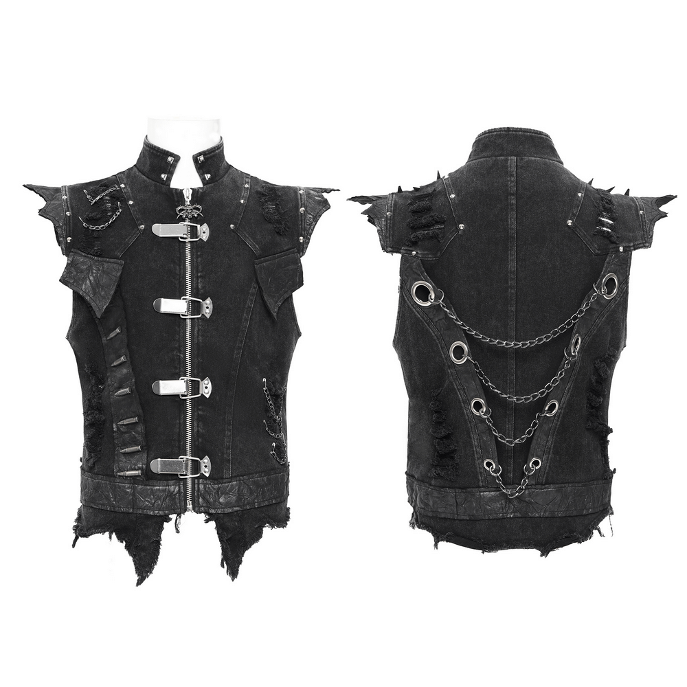 Men's gothic punk vest with chains and buckles, edgy sleeveless design, distressed denim, and rugged frayed edges.