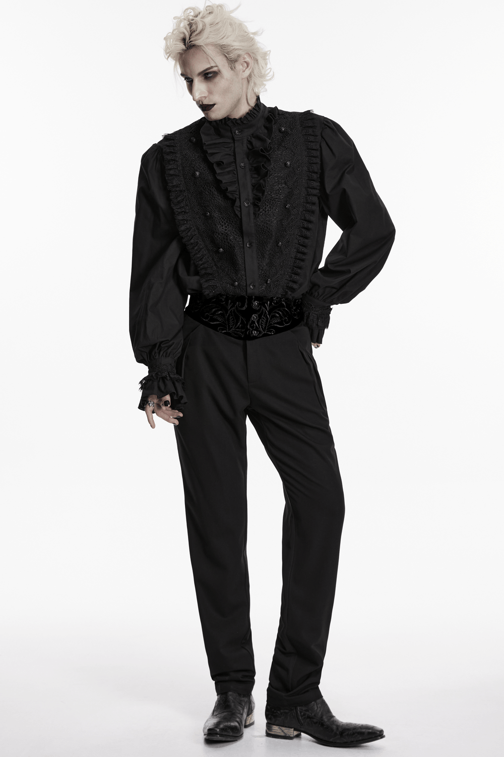 Men's Gothic Ruffle Lace Trim Shirt with Lantern Sleeves worn by a model in a dramatic pose.