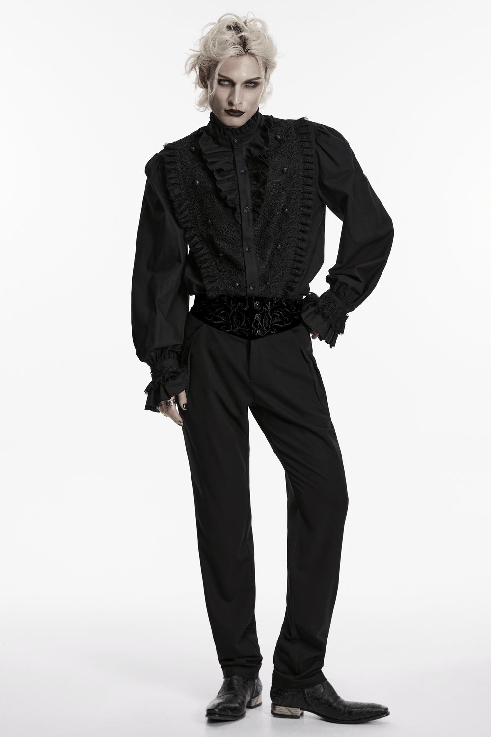 Men's Gothic Ruffle Lace Trim Shirt with Lantern Sleeves showcased by a model in black attire.