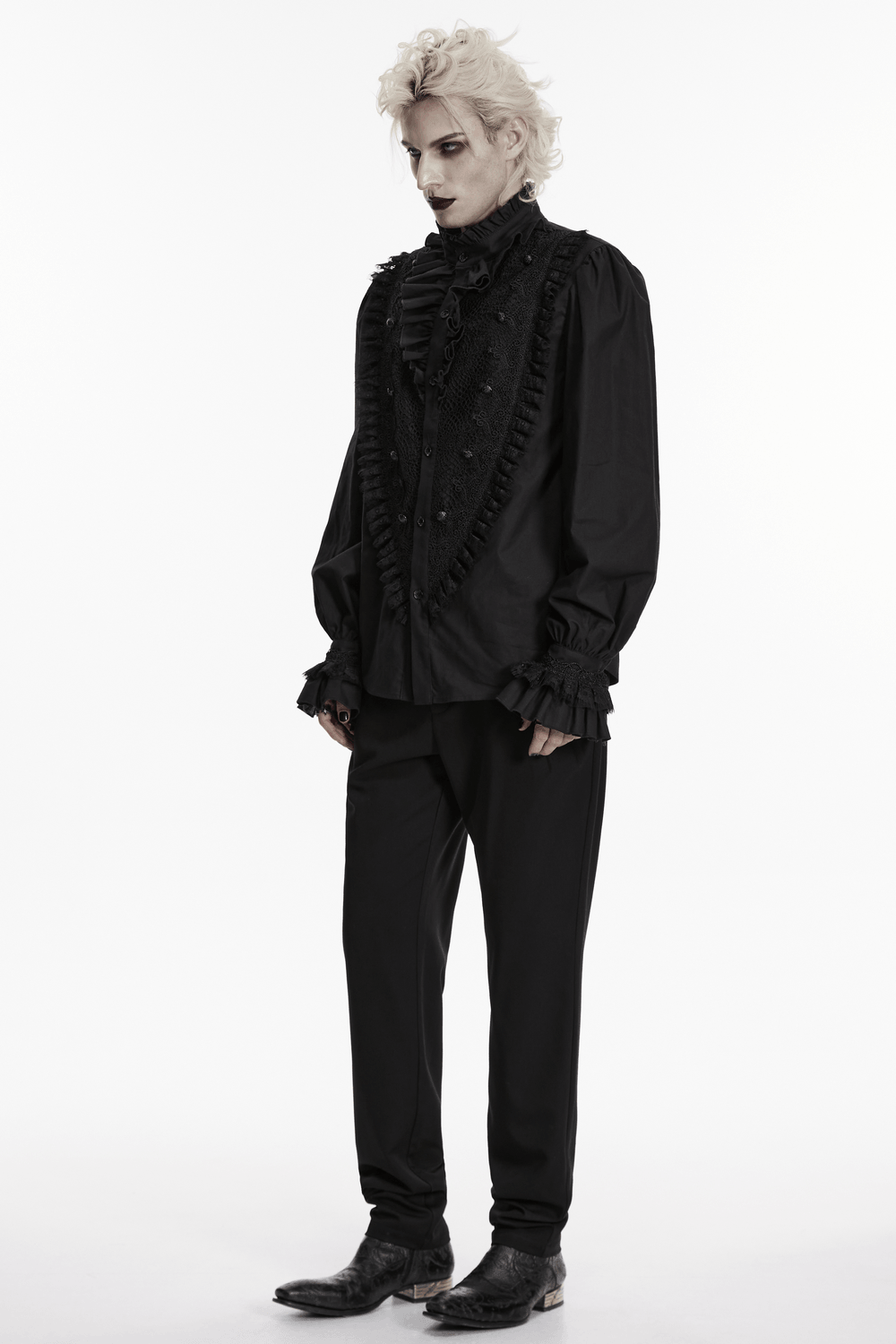 Men's Gothic Ruffle Lace Trim Shirt with Lantern Sleeves worn by a model in a dramatic pose.