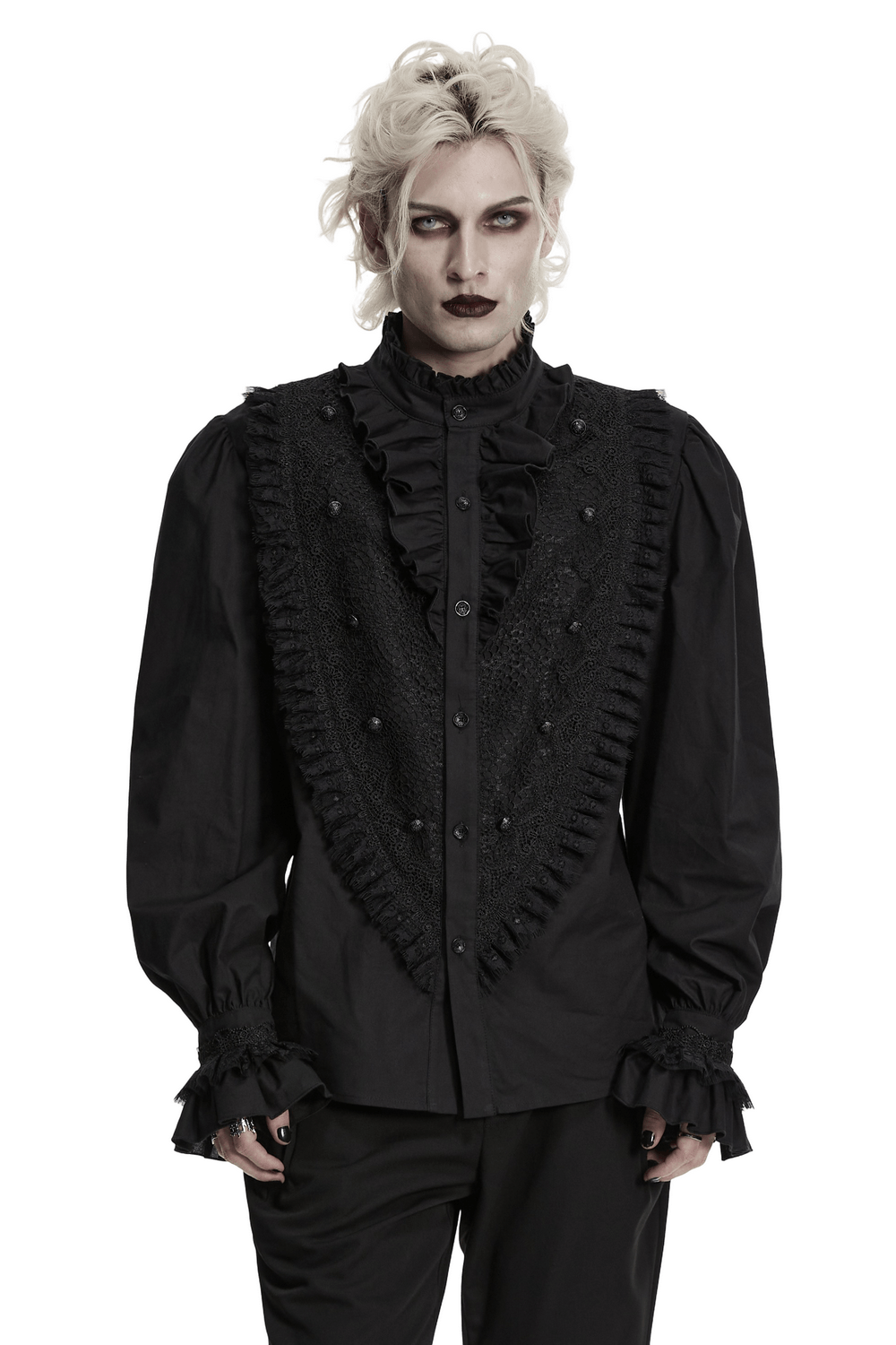 Men's Gothic Ruffle Lace Trim Shirt with Lantern Sleeves worn by a model styled in gothic fashion.