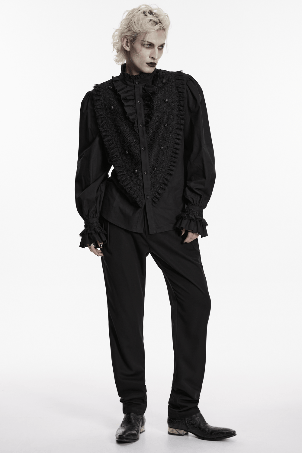 Men's Gothic Ruffle Lace Trim Shirt with Lantern Sleeves worn by a model in black attire.