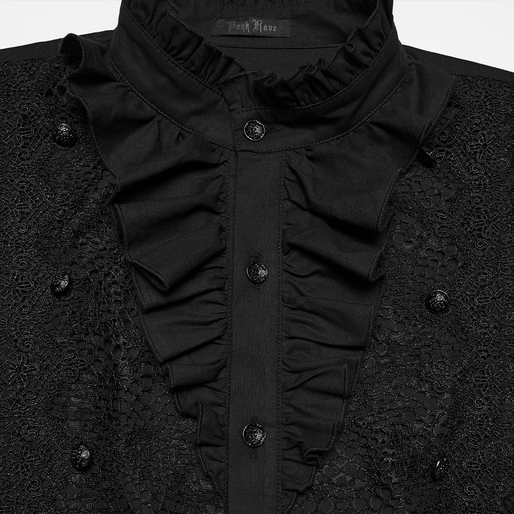 Men's Gothic Ruffle Lace Trim Shirt with Lantern Sleeves featuring intricate lace and ruffle details.