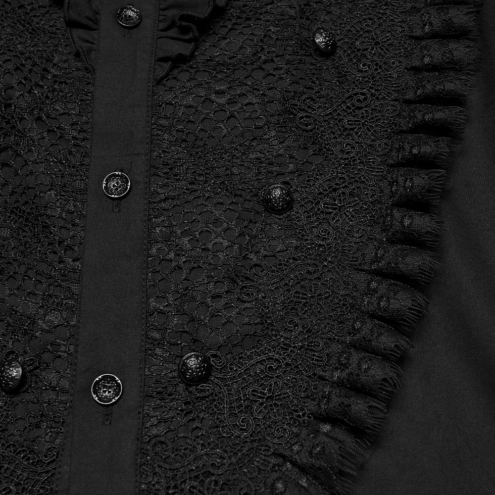 Men's Gothic Ruffle Lace Trim Shirt with Lantern Sleeves close-up view of intricate lace and ruffle details.
