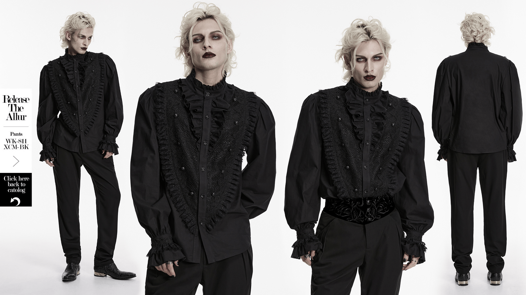 Men's Gothic Ruffle Lace Trim Shirt with Lantern Sleeves, elegant design, stylish dark fashion