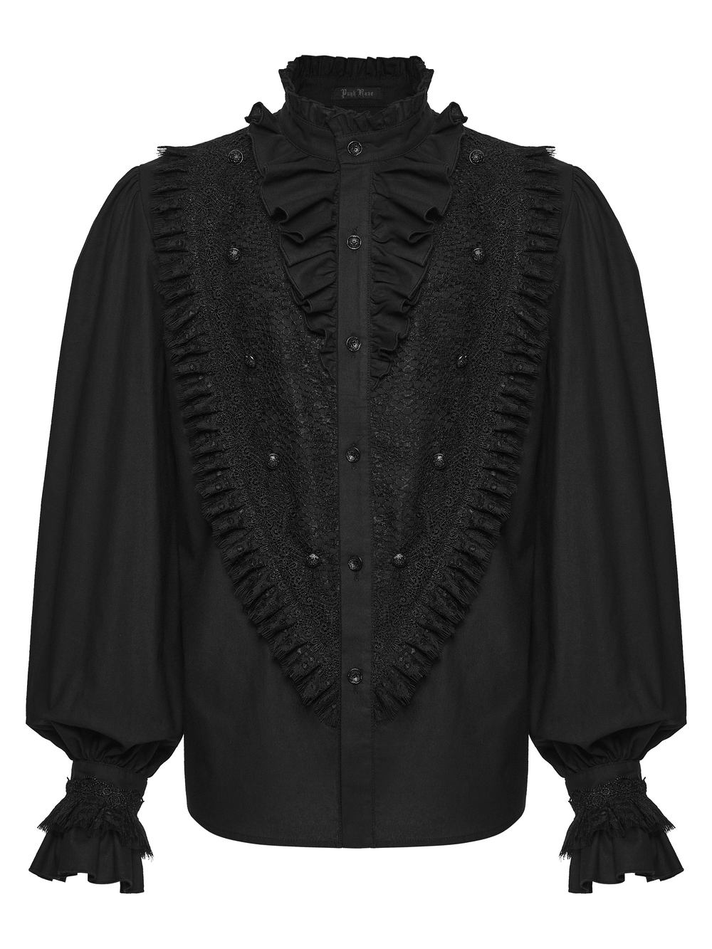 Men's Gothic Ruffle Lace Trim Shirt with Lantern Sleeves in black with elegant ruffles and lace trim details.