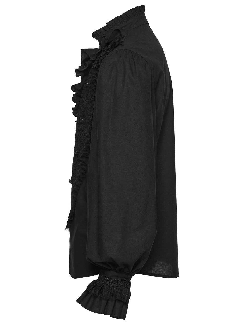 Men's Gothic Ruffle Lace Trim Shirt with Lantern Sleeves side view showcasing intricate ruffle details.