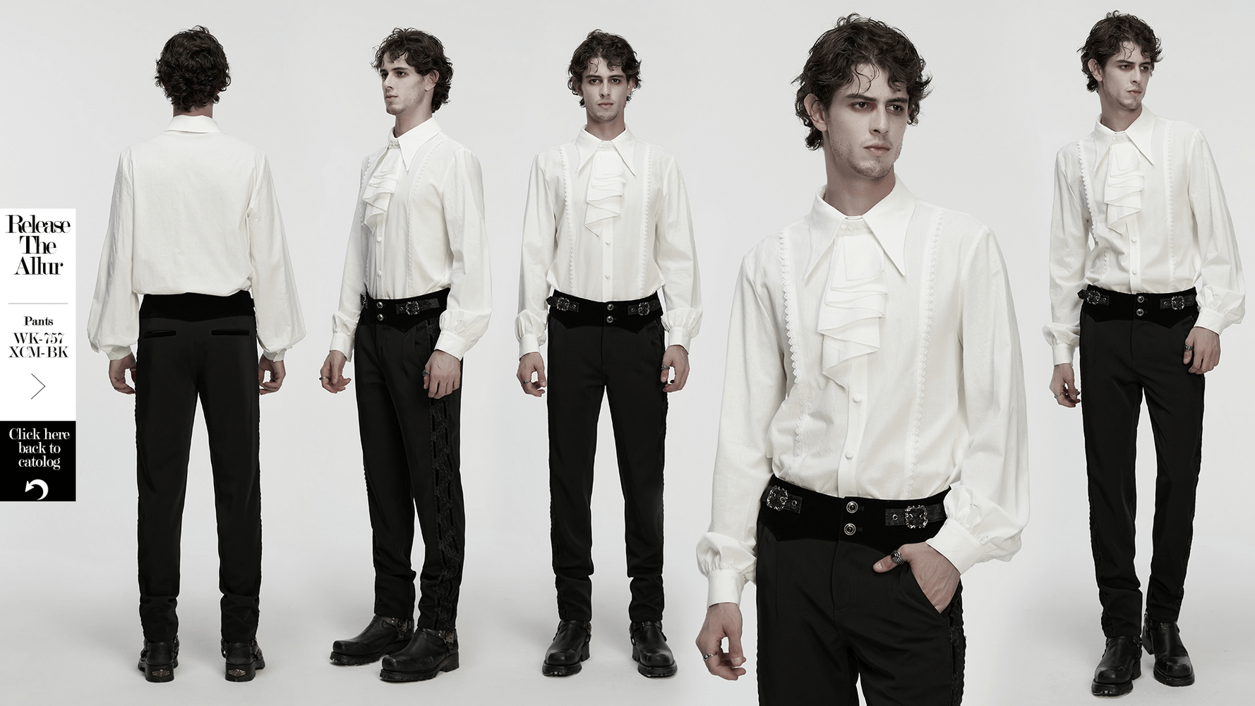 Men's Gothic Ruffled Cotton Shirt with Detachable Collar modeled from multiple angles.
