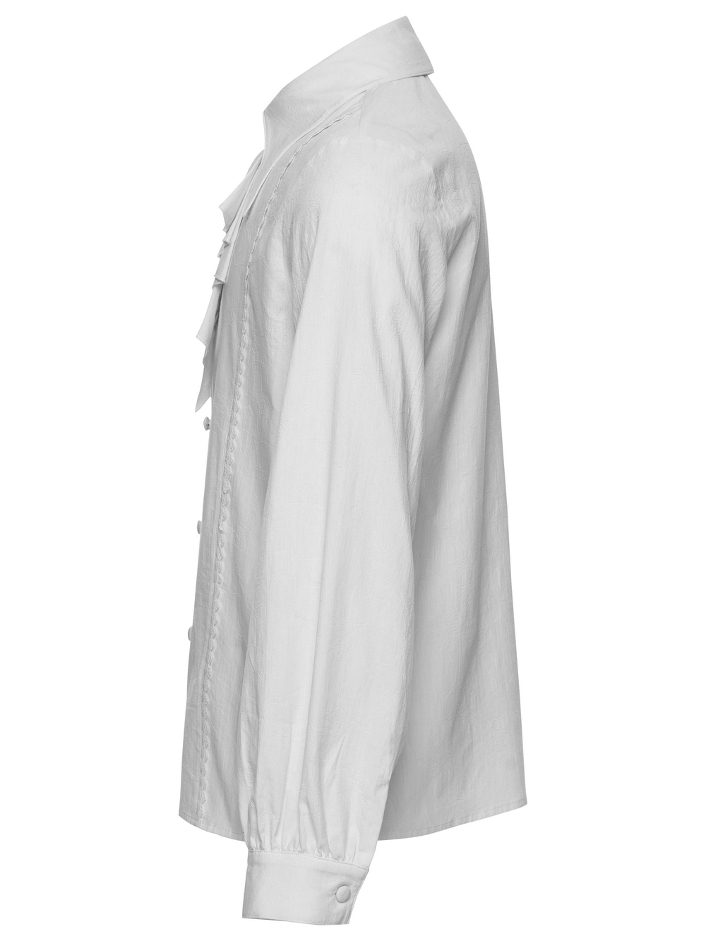 Men's Gothic Ruffled Cotton Shirt with Detachable Collar showcasing side view and button detail.