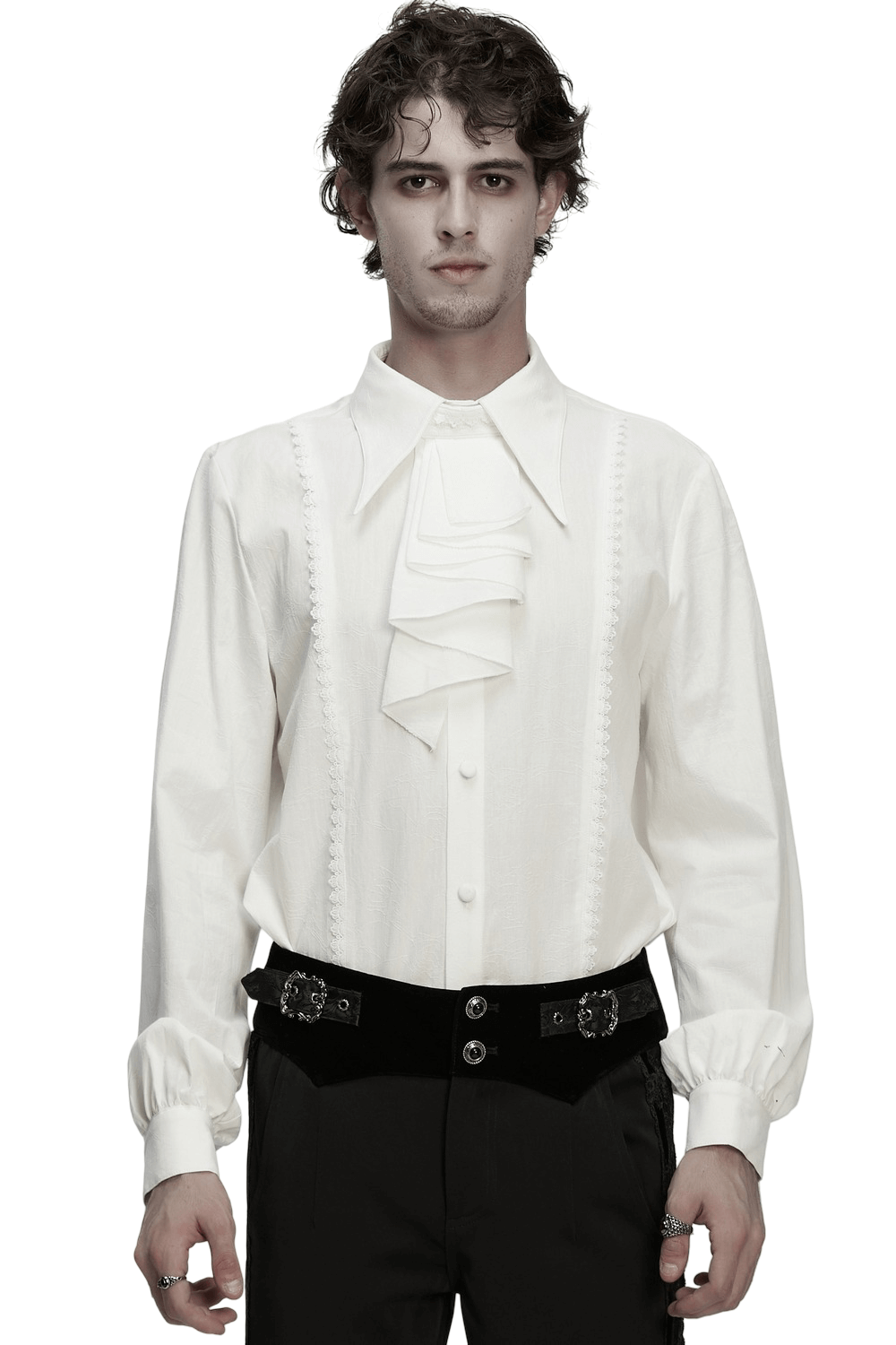 Men's Gothic Ruffled Cotton Shirt with Detachable Collar displayed on model, featuring ruffled front and elegant design.
