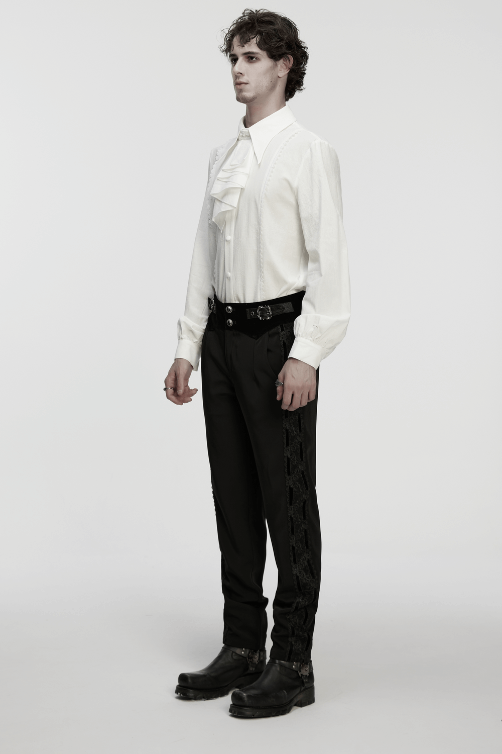 Men's Gothic Ruffled Cotton Shirt with Detachable Collar worn with black pants and boots.
