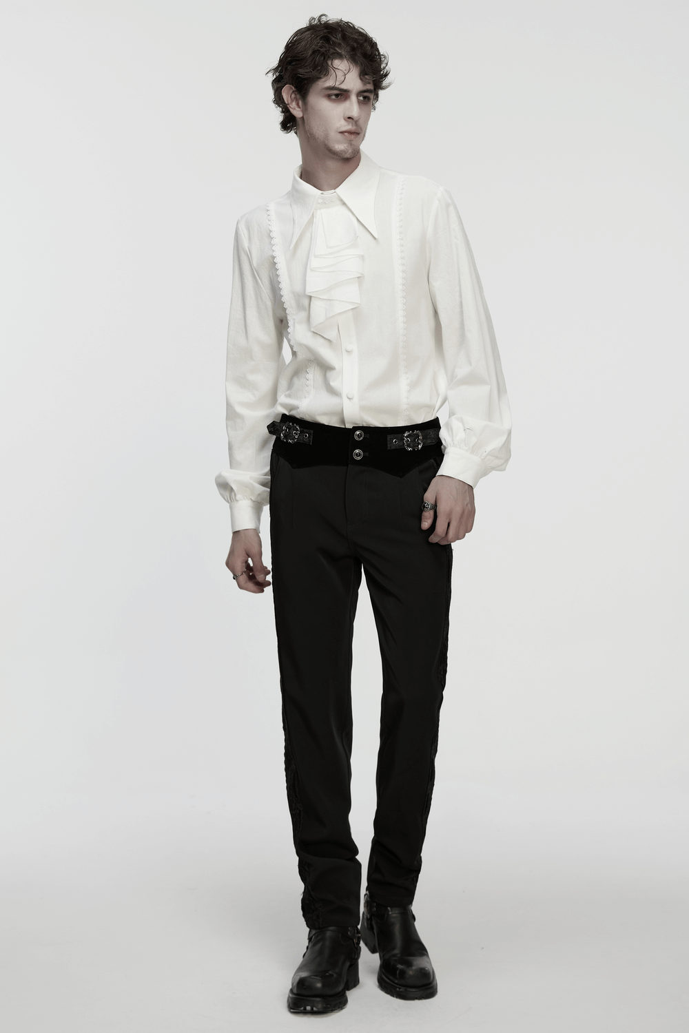 Men's Gothic Ruffled Cotton Shirt with Detachable Collar worn by model in black pants.