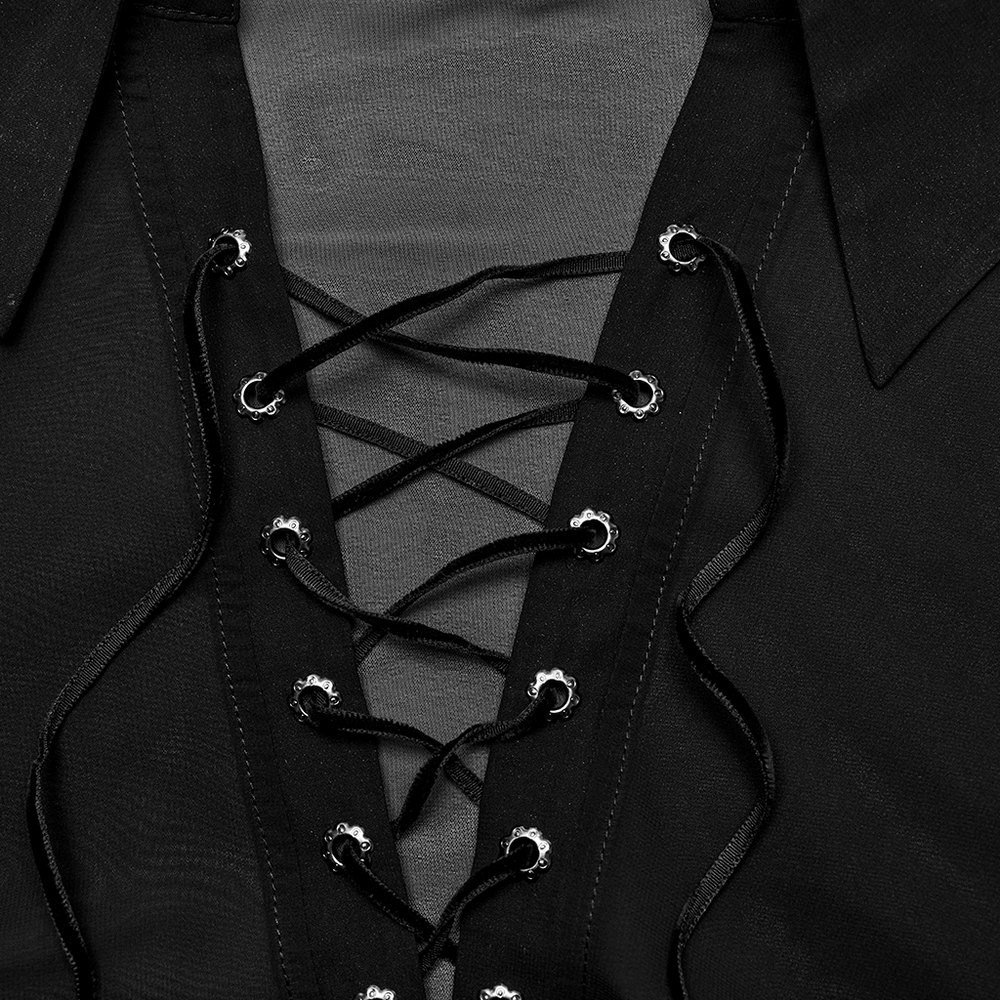 Close-up of a men's gothic shirt featuring sheer chiffon and lace-up front detail with velvet webbing.