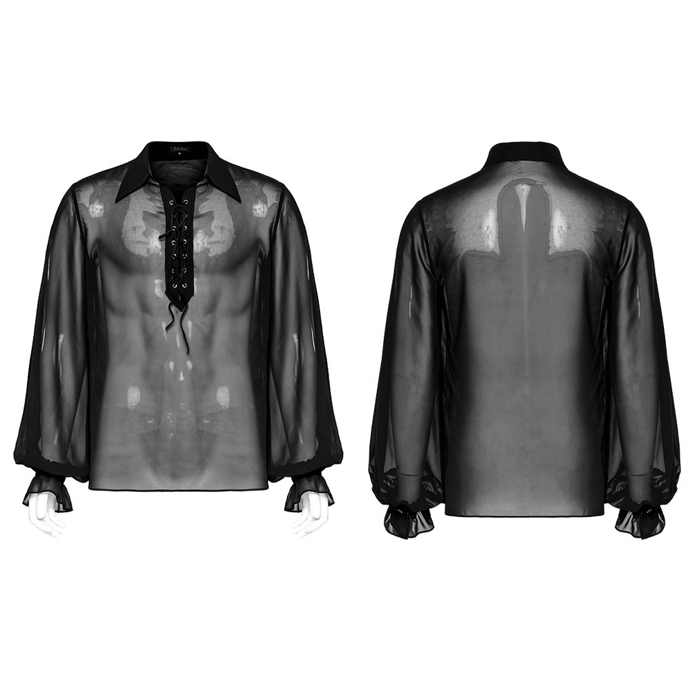 Men's gothic sheer chiffon shirt with lace-up front and Victorian lantern sleeves, perfect for a darkly romantic look.