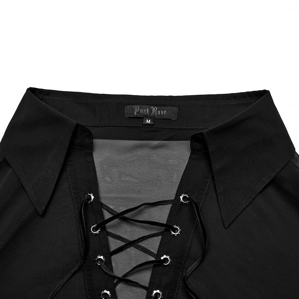 Men's gothic sheer chiffon shirt with lace-up front and collar, perfect for a dark, stylish look.