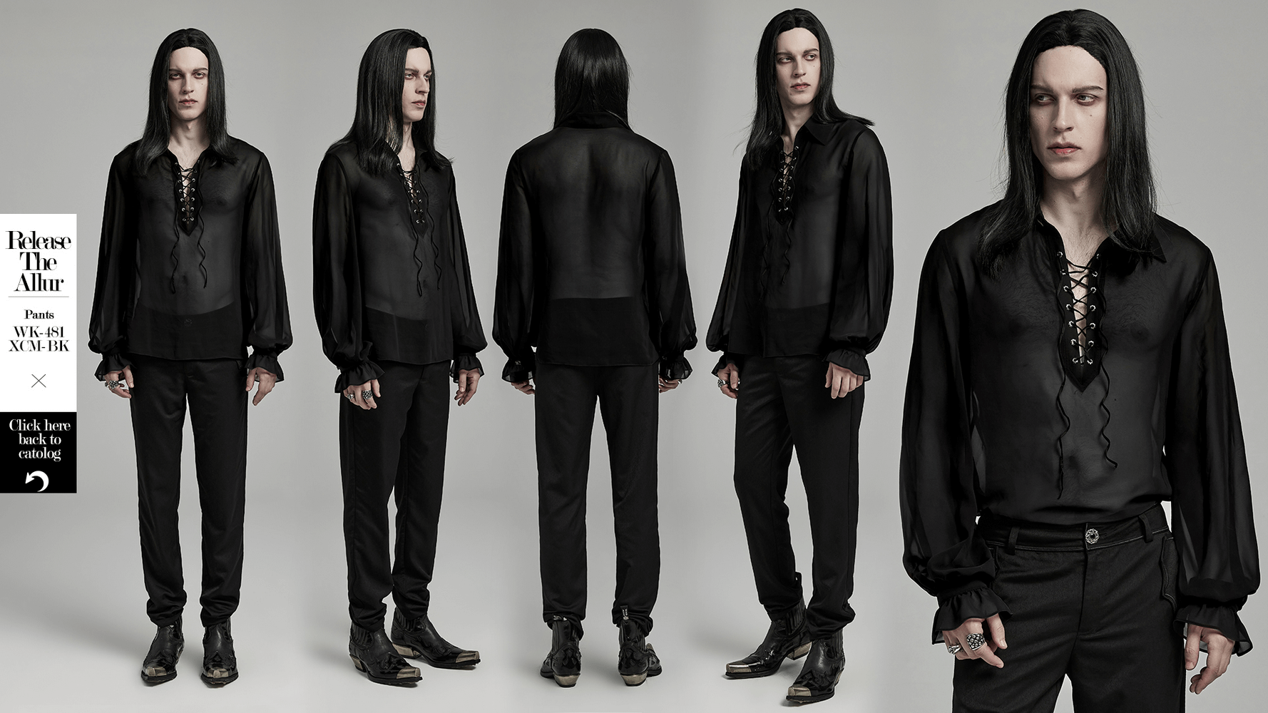 Men's gothic sheer chiffon shirt with lace-up front and Victorian-inspired lantern sleeves, styled in black.