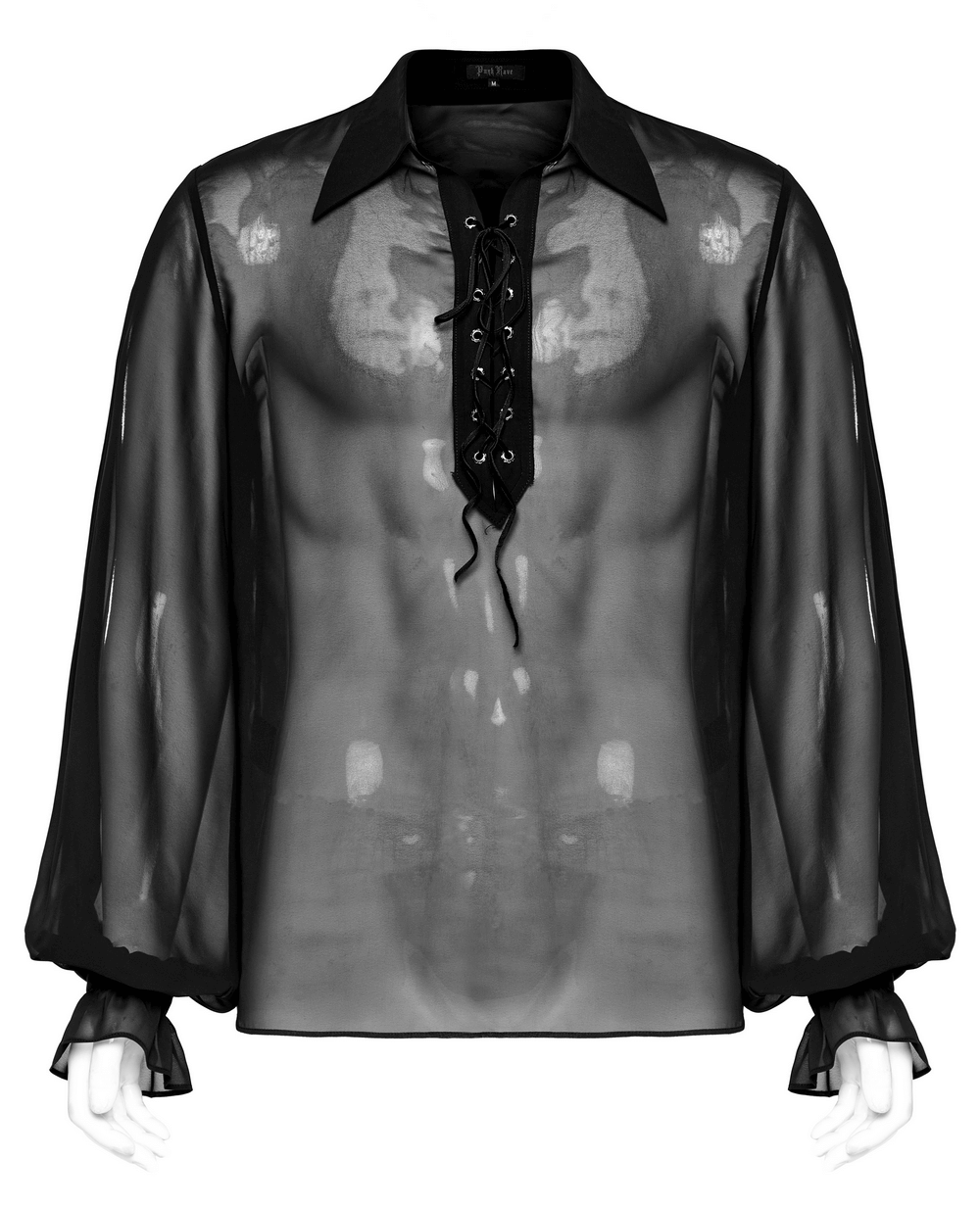 Camisa gótica para hombre: gasa transparente con cordones en la parte delantera