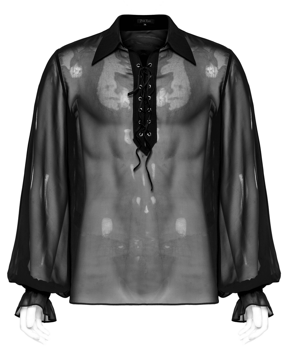 Men's gothic sheer chiffon shirt with lace-up front and lantern sleeves, perfect for a dark romantic style.