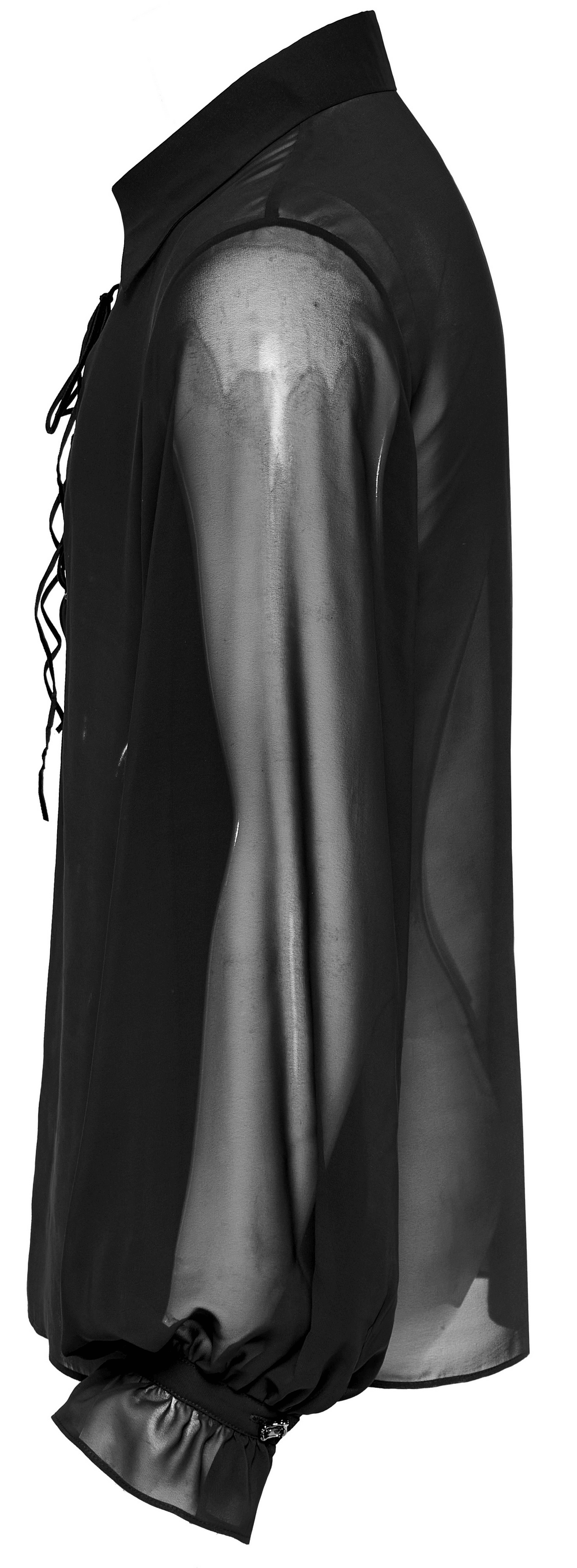 Men's gothic sheer chiffon shirt with lace-up detail and Victorian-inspired lantern sleeves.