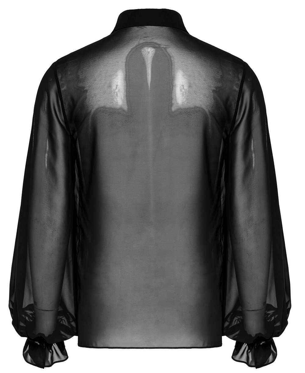 Men's gothic sheer chiffon shirt with lace-up detail and Victorian lantern sleeves, ideal for enhancing your dark style.