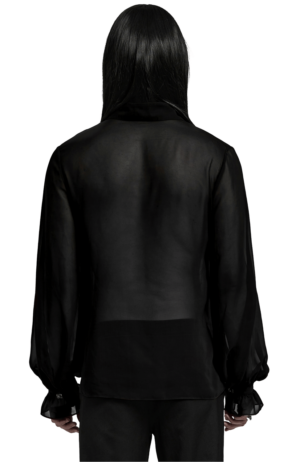 Men's gothic sheer chiffon shirt with lace-up back and Victorian lantern sleeves, perfect for a dark, romantic look.