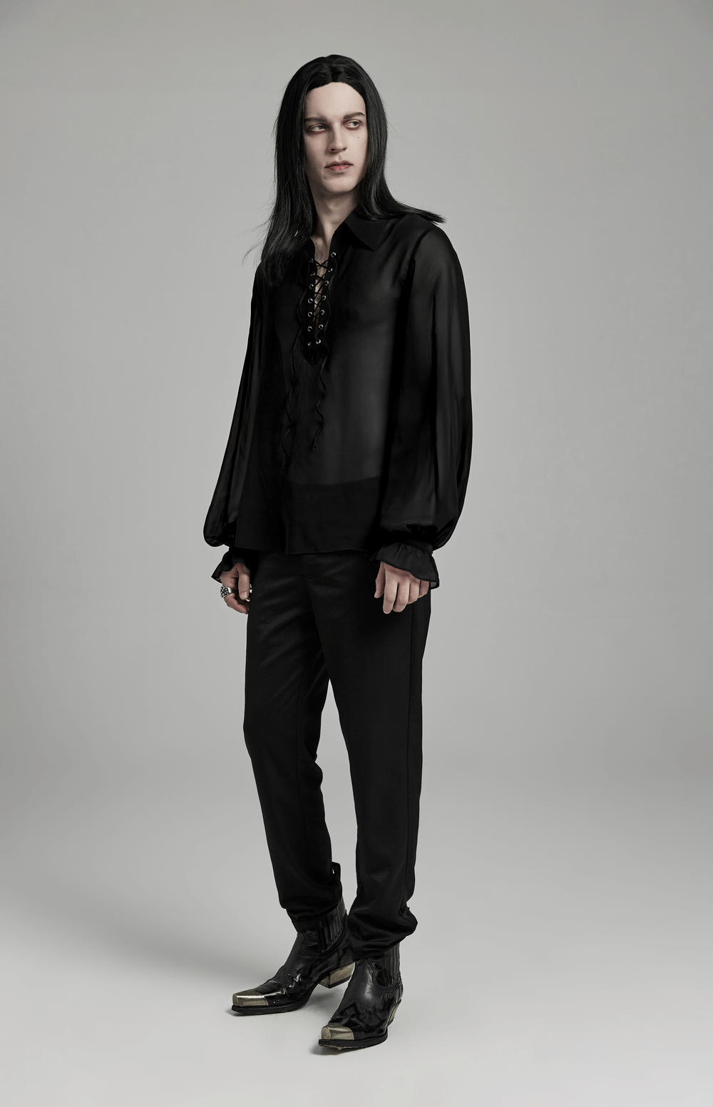 Men's gothic sheer chiffon shirt with lace-up front, Victorian-inspired design, perfect for a dark and romantic style.