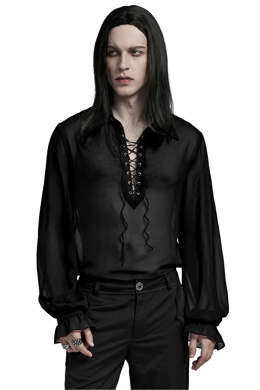 Men's gothic sheer chiffon shirt with lace-up front and Victorian lantern sleeves, perfect for tapping into your inner darkness.
