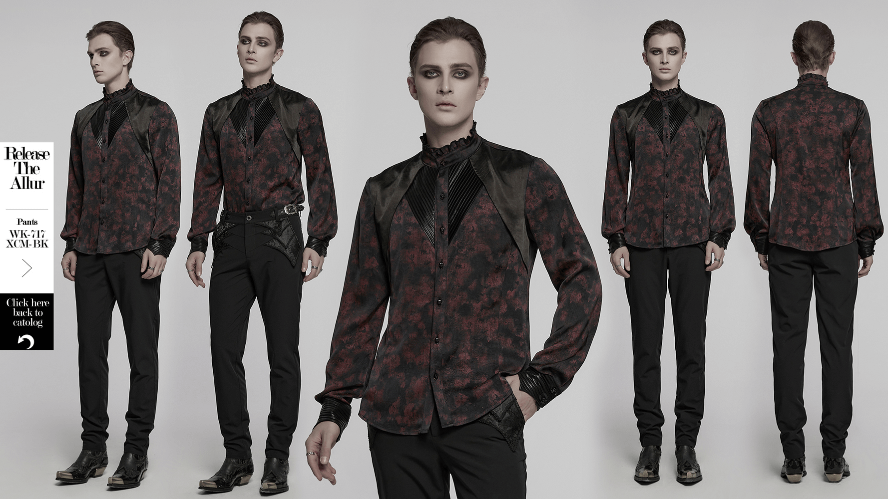 Men's gothic shirt with pleated collar, leather trim, and dark vintage pattern for a stylish, edgy look.