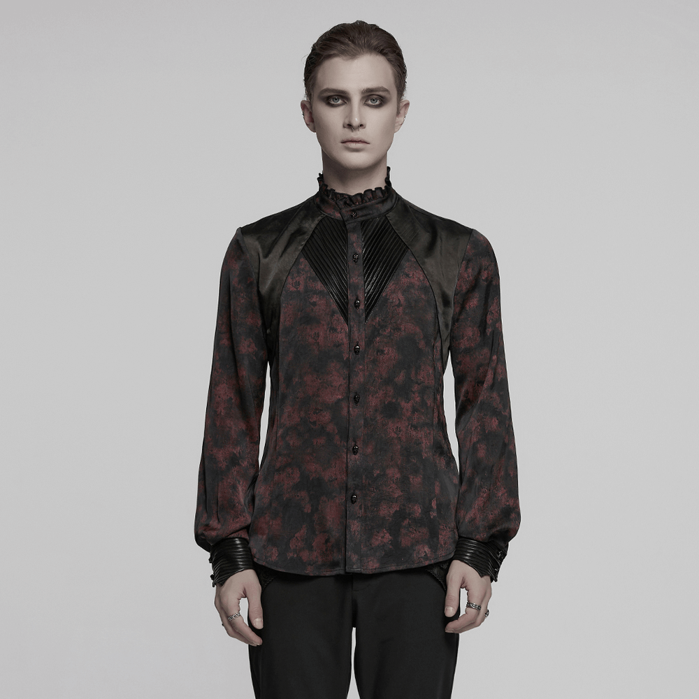 Men's gothic shirt with pleated collar, leather trim, and dark vintage pattern in red and black.
