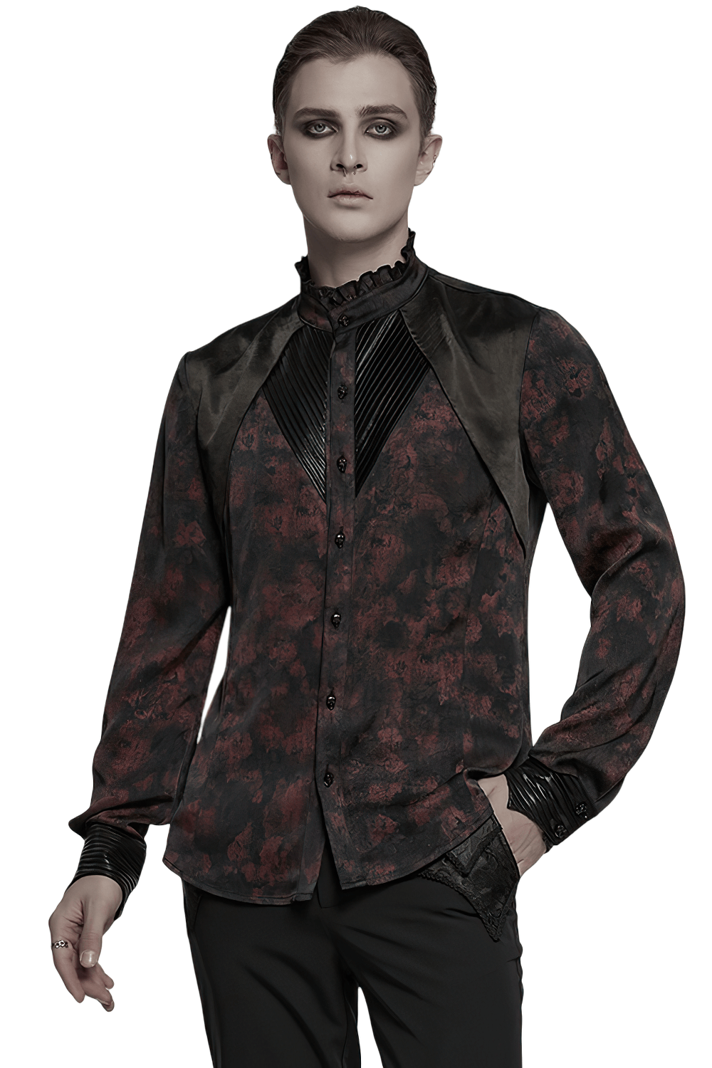 Men's gothic shirt with pleated collar, leather trim, and vintage red-on-black pattern.