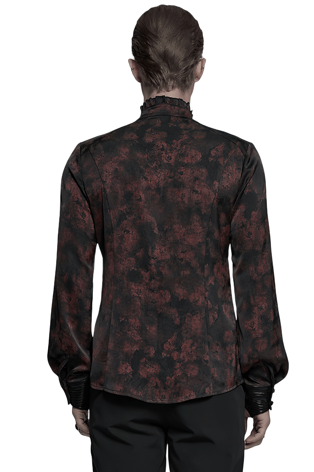 Back view of a men's gothic shirt in dark vintage pattern with pleated collar and leather trim, exuding cold elegance.