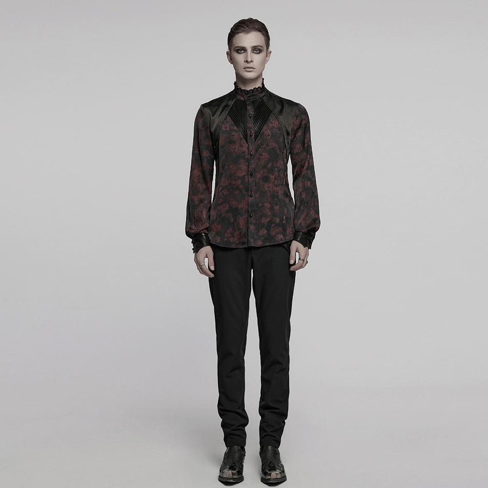 Men's Gothic shirt with pleated collar, leather trim, dark vintage pattern, and structured shoulders.