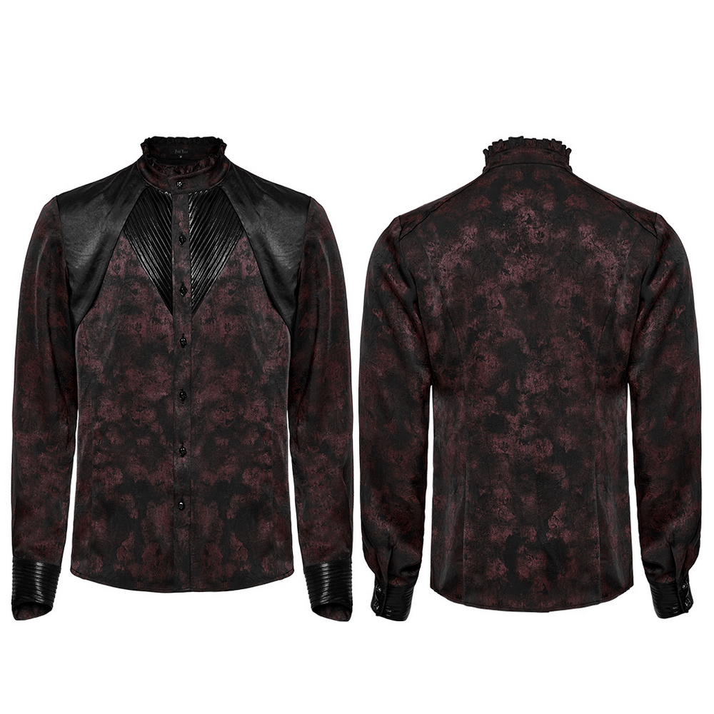 Men's Gothic shirt with pleated collar, leather trim, and dark vintage pattern in red and black.