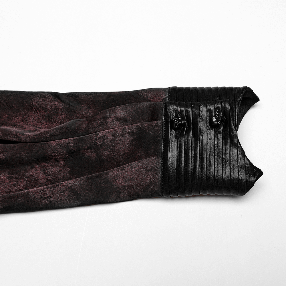 Men's gothic shirt sleeve featuring pleated collar and leather trim with dark vintage pattern.