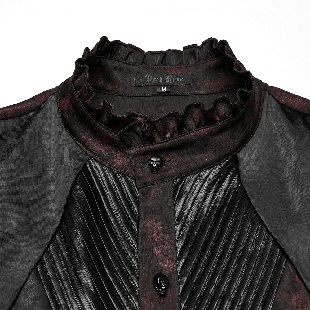 Men's gothic shirt with pleated collar, leather trim, and dark vintage pattern for a stylish edgy look.