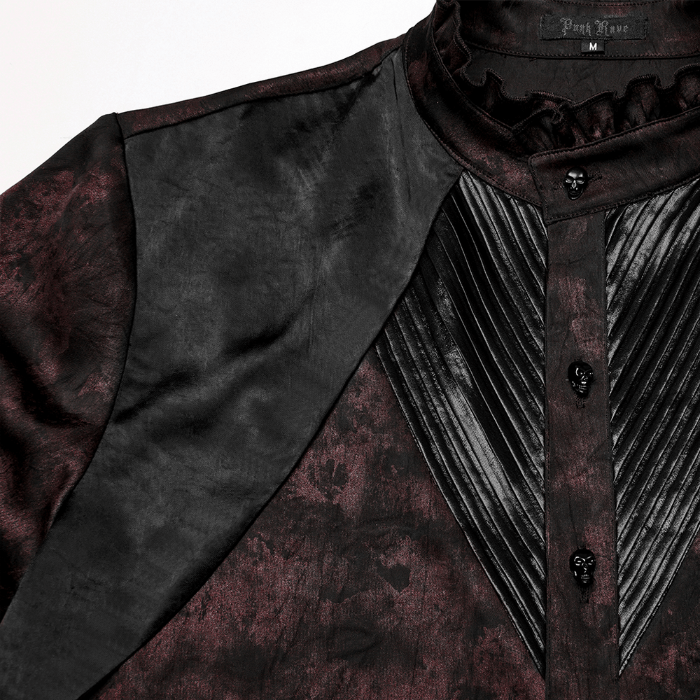Men's gothic shirt featuring pleated collar, leather trim, and dark vintage pattern for a stylish edgy look.