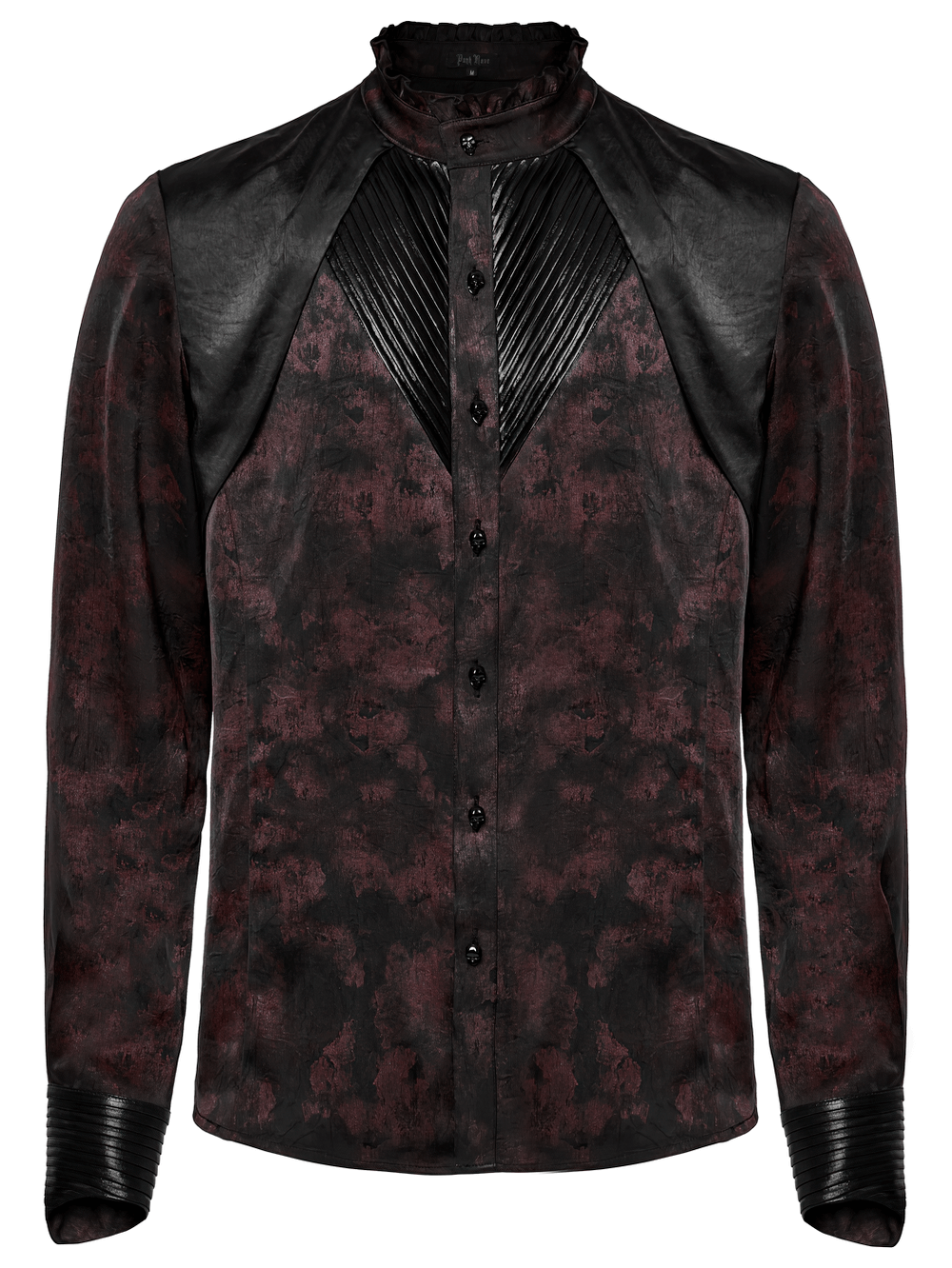Men's gothic shirt featuring a pleated collar, leather trim, and dark vintage red-on-black pattern for a bold look.