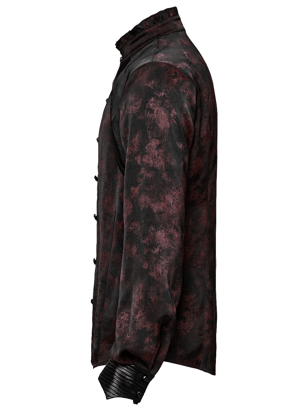 Men's gothic shirt with pleated collar, leather trim, and abstract red-on-black pattern.