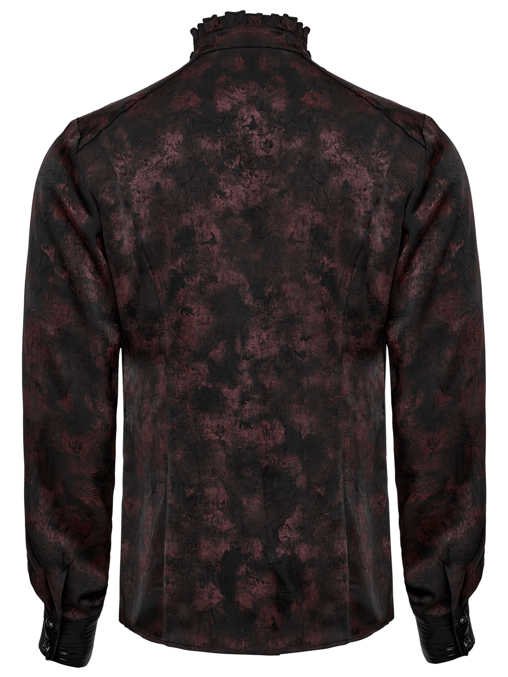 Men's gothic shirt featuring a pleated collar and dark vintage red-on-black pattern, showcasing structured shoulders.