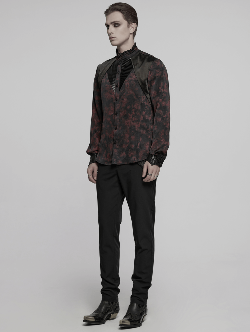 Men's gothic shirt with pleated collar and leather trim, featuring dark vintage pattern and structured shoulders.