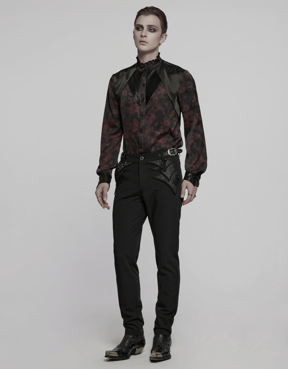 Men's Gothic shirt with pleated collar, leather trim, and dark vintage pattern, styled with structured shoulders.