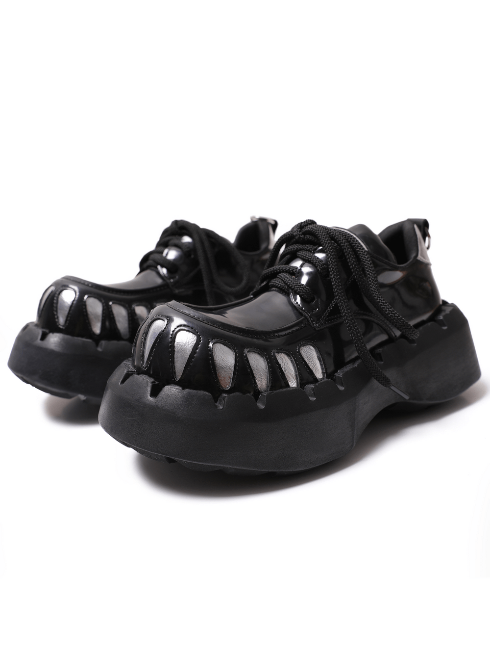 Men's Gothic Silver Claw Platform Lace-Up Shoes black patent chunky sole creepers with metallic silver claw accents