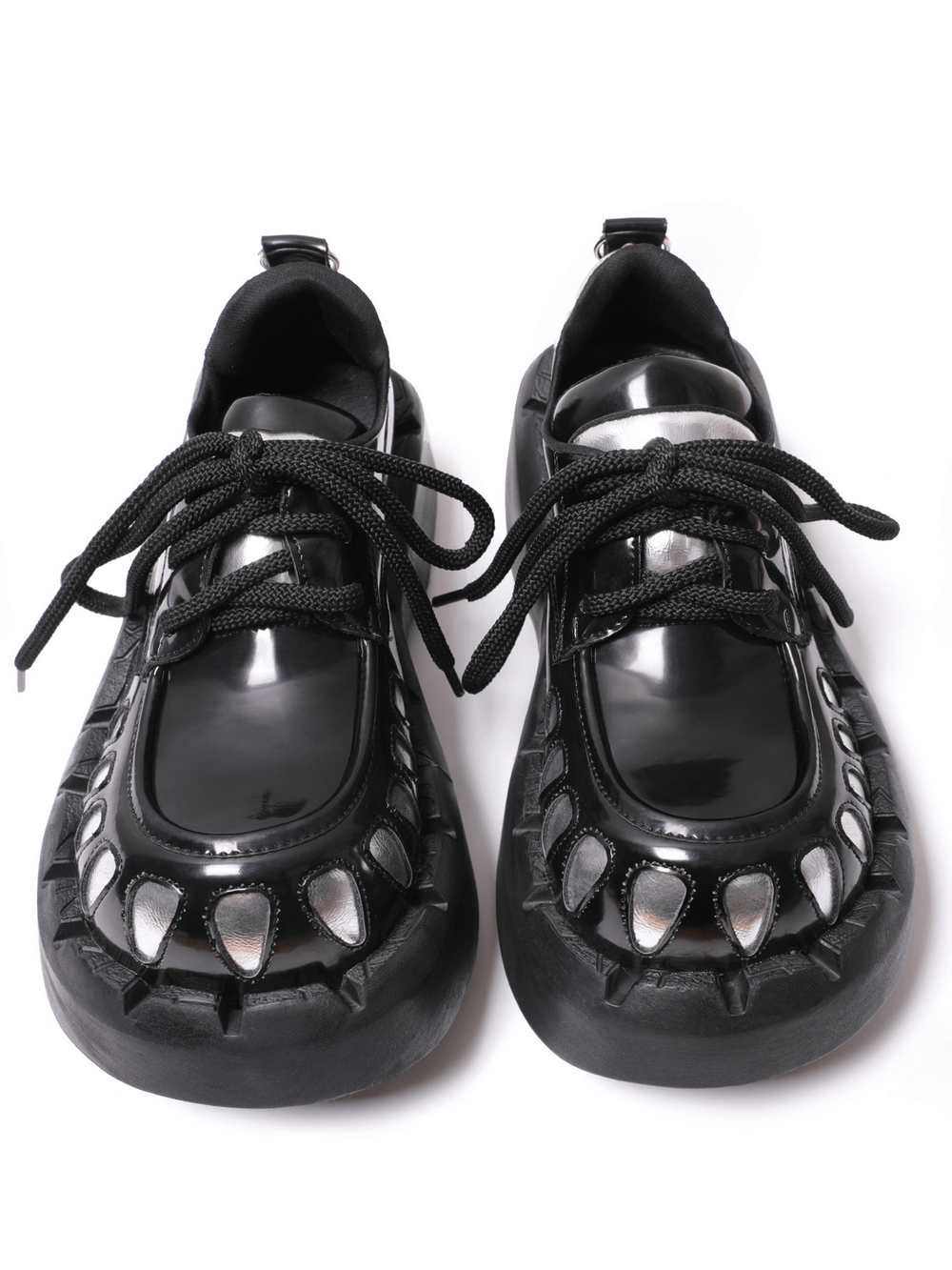 Men's Gothic Silver Claw Platform Lace-Up Shoes black patent creepers with chunky soles and metallic claw accents