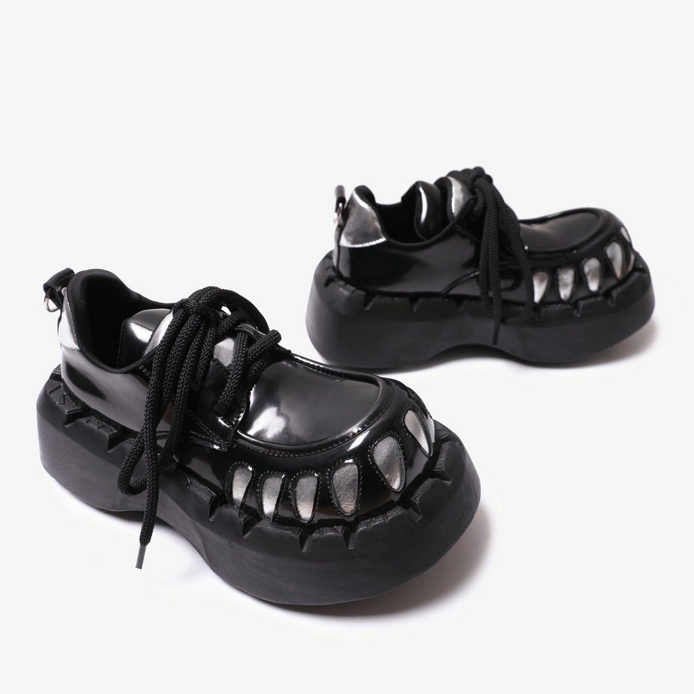 Men's Gothic Silver Claw Platform Lace-Up Shoes, black patent creepers with chunky soles and metallic claw accents