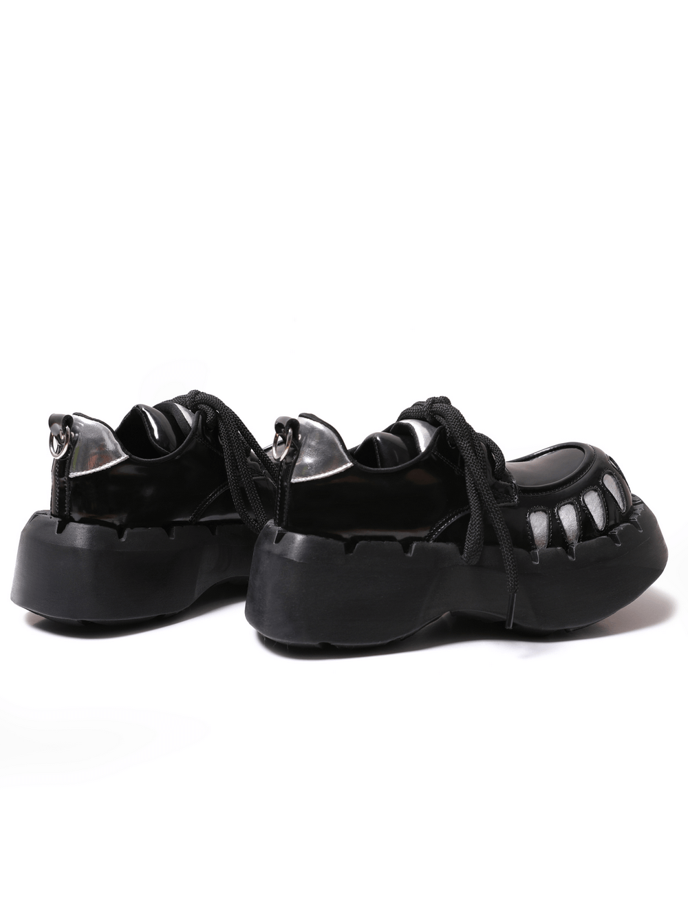 Men's Gothic Silver Claw Platform Lace-Up Shoes, black patent creepers with chunky soles and metallic claw accents